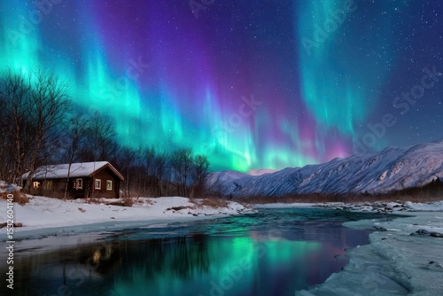 Aurora borealis illuminates winter cabin by frozen river