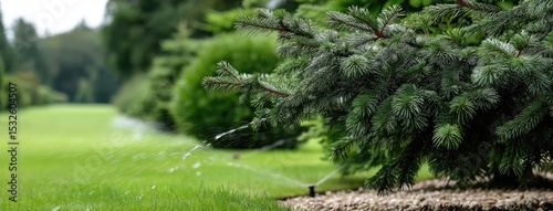 Sprinkler system nourishes vibrant lawn, enhancing growth of ornamental grass with cypress trees providing a serene garden backdrop