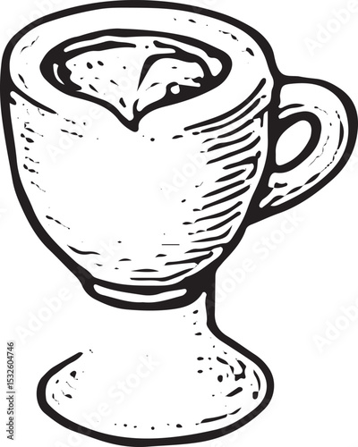 This black-and-white sketch showcases a classic coffee cup with a handle and pedestal base, filled with creamy foam. The hand-drawn, textured design evokes a cozy café vibe, perfect for espresso lover