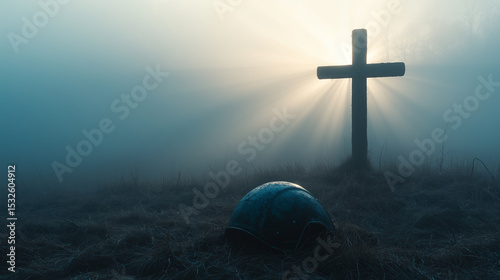 Christian image of a battlefield with a cross in the morning fog. Photo in fog battlefield at dawn with mist and soft morning light, fallen helmet or shield in foreground and heavenly ray of light bre