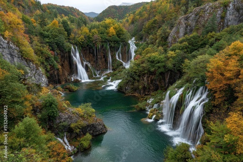 Serene autumn waterfalls cascading into emerald pools