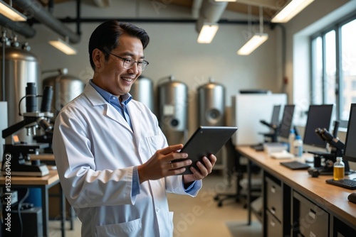 Beaming Asian Male Scientist in His 40s Using a Tablet in a Brewery Quality Control Lab