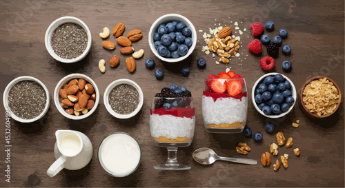 Healthy breakfast ingredients arranged in bowls and glasses on wood  