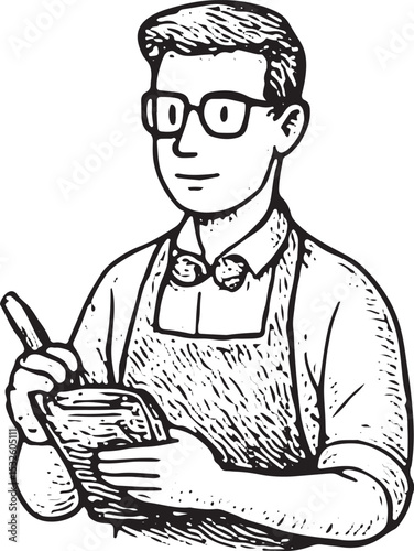 This black-and-white sketch portrays a friendly barista in an apron, holding a notepad and pen, ready to take orders. The hand-drawn style captures the warm, professional vibe of café service, evoking