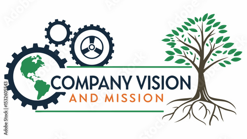 Illustration of company vision and mission with gears, earth and tree representing growth and global reach