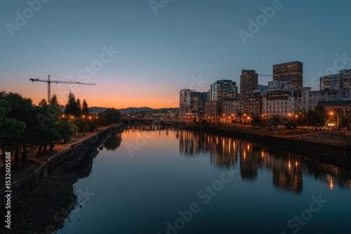 City skyline reflected in river at dusk with construction crane in the distance