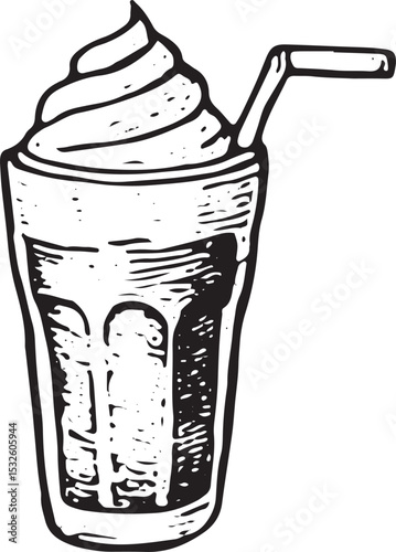 This black-and-white sketch showcases a creamy milkshake in a glass with whipped cream and a straw, capturing a delightful café treat. The hand-drawn style highlights its textured layers, 