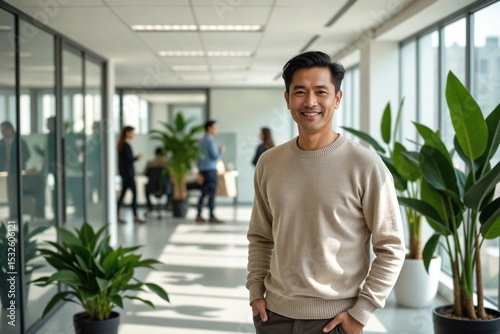 Joyful Middle-Aged East Asian Professional in His 40s Smiling in a Modern Office with Glass Partitions and Plants