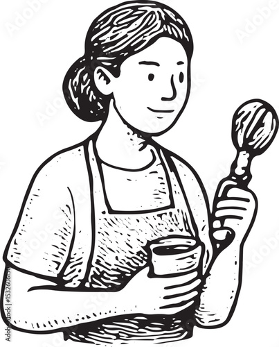 A barista in an apron skillfully stirs with a spoon, creating latte art. This black-and-white sketch captures the precision and creativity of café craft, blending expertise with an inviting, 