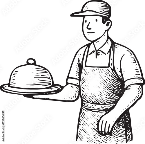 A barista carries a tray with cups and pastries, depicted in a dynamic black-and-white sketch. This scene captures the hustle of café service, blending professionalism with a warm, inviting atmosphere