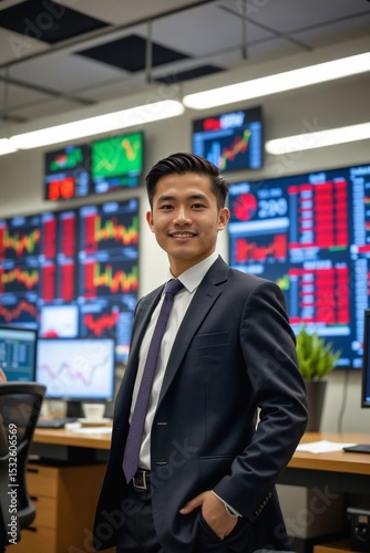 Determined Young East Asian Financial Analyst in His 20s Smiling in a Modern Office with Stock Charts