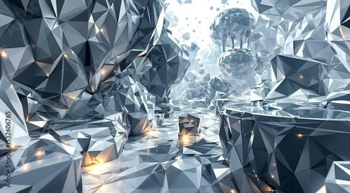 Complex polygonal structures rotating and shifting, casting intricate reflections and glowing edges