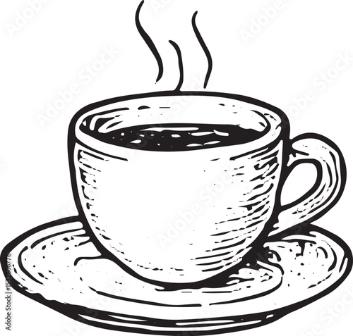 This charming black-and-white sketch depicts a classic coffee cup on a saucer, evoking a cozy café ambiance. The hand-drawn style highlights the cup's elegant curves and steam, perfect for coffee love