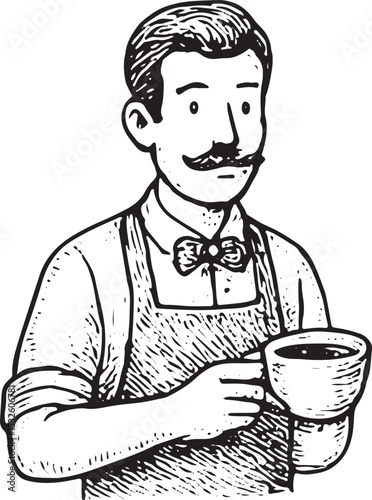A skilled barista in an apron holds a steaming coffee cup, showcasing expertise in a bustling café. The detailed black-and-white sketch highlights the cup’s design and the barista’s focused expression