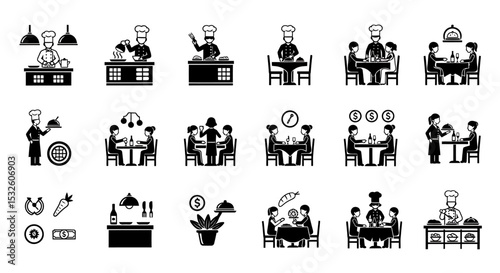 Restaurant and Culinary Icons Depicting Chefs, Servers, and Diners
