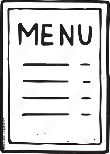 A classic menu board with handwritten-style text stands in the café, offering coffee and pastry options. This black-and-white sketch exudes a vintage charm, inviting customers to explore the café’s 