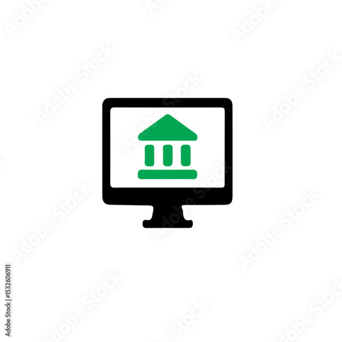A black monitor displaying a green bank icon on a white background in a minimalist design style icon