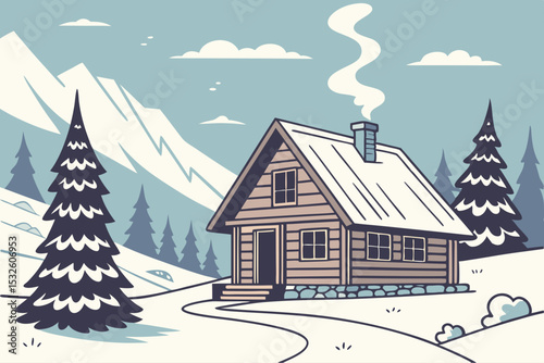 Cozy wooden cabin with chimney in snowy winter forest with mountain backdrop
