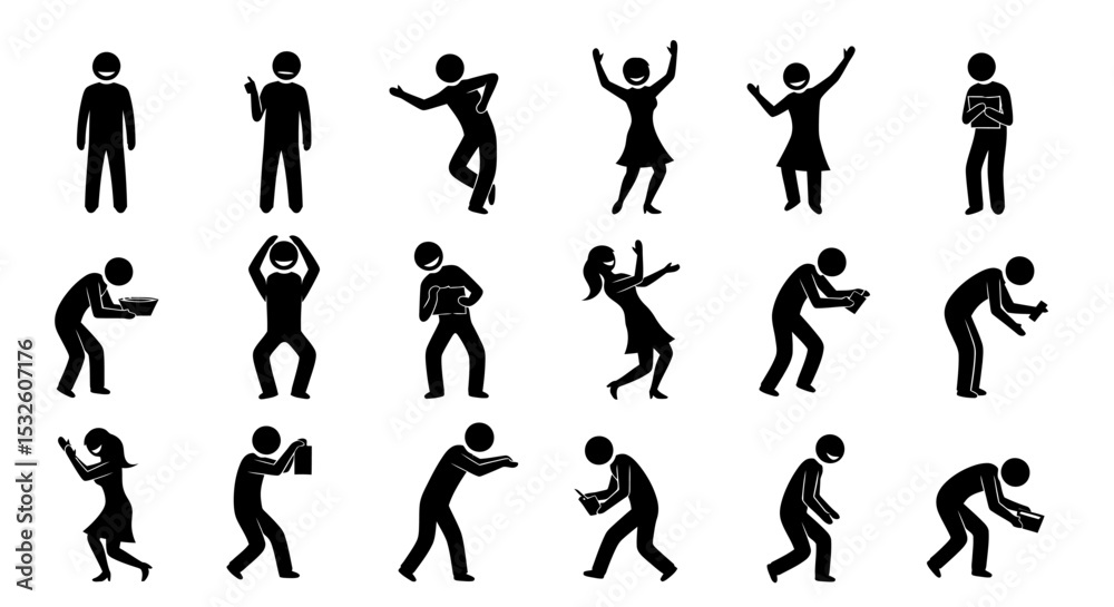 Naklejka premium Collection of Stick Figures in Various Poses and Actions