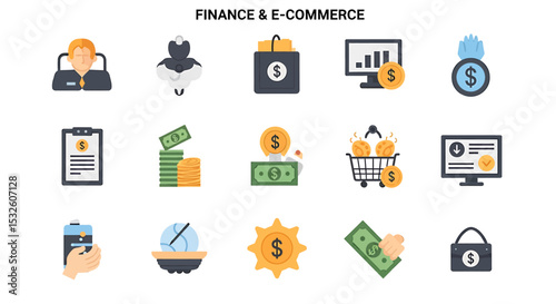Flat Icons Representing Finance and E-commerce Concepts