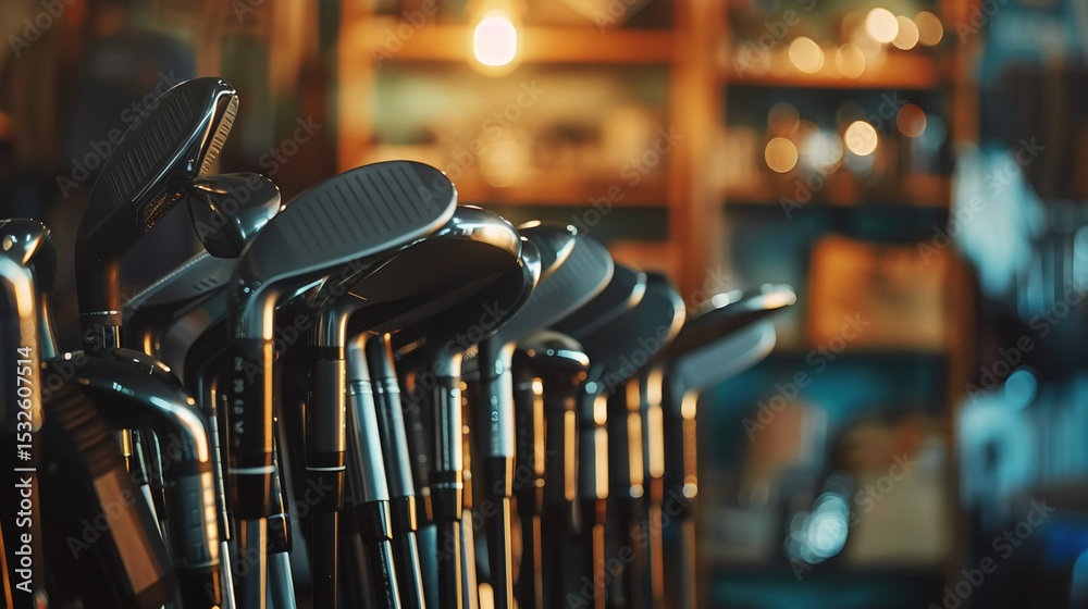Fototapeta premium Close up of golf clubs. Golf shop sport equipment store. Bucket of golf clubs. Shiny golf clubs metal heads and grips in a sports shop silhouette. Happy new year golf course handicap