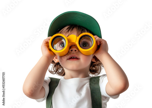 A curious toddler wearing a green cap uses yellow binoculars, isolated on transparent background