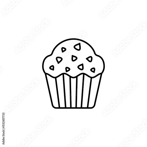Cupcake Outline style, a rich chocolate chip cupcake in a paper cup, ideal for birthday, dessert menus, or bakery promotional visuals.