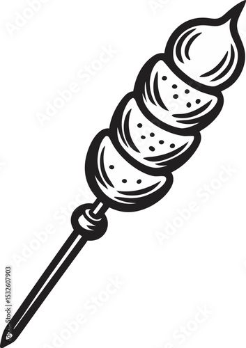 Black and white doodle of skewered dumplings in a hand drawn style