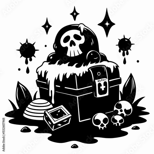 Spooky Skull Treasure Chest with Cosmic Elements Black and White  Art