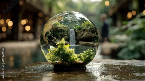 Crystal sphere reflecting a serene waterfall and lush greenery in a tranquil indoor setting