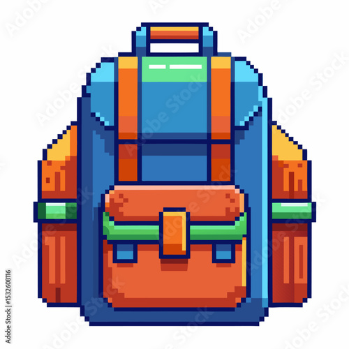 Pixel Art Backpack Icon   Retro Gaming Style, Vibrant Colors, Isolated on White Background
