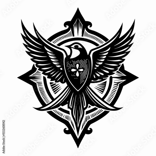 Stylized Bird in Ornate Tattoo Design with Symmetrical Wing Pattern