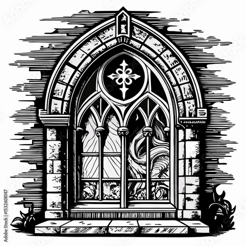 Gothic Arch Window with Intricate Detailing in Black and White Illustration