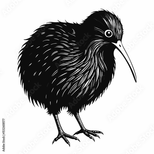 Monochrome Kiwi Bird Illustration Artful Feather Detailing in Black and White