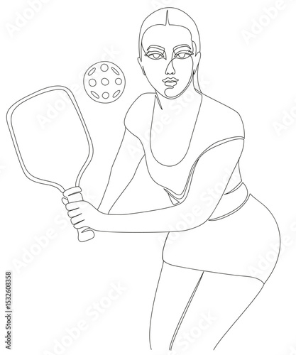 Sportswoman in action holding racket in front of her, slightly leaning to hit the ball. Hand drawn minimal vector illustration in black and white. Simple design concept for pickleball 