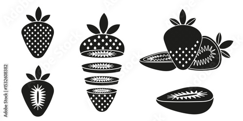 Black and white strawberry silhouettes, whole and sliced. Vector collection of fruit shapes in minimal style. Great for food, print, packaging, or botanical design projects. 