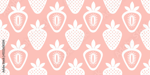 Seamless pattern of white strawberries with seeds and core. Whole and sliced berries on soft pink background. Cute fruity texture for fabric, wrapping, or wallpaper.