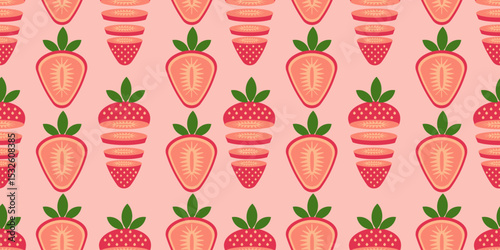 Seamless pattern with sliced ​​strawberries. Thinly sliced ​​and halved strawberries with green leaves on top in horizontal rows on a pink background