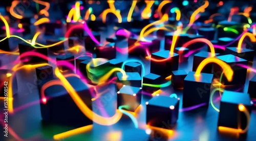 Continuous motion of cubes rotating and shifting in place, emitting colorful trails and reflecting light