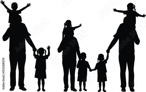 Father and Children Silhouette Vector – Black and White Family Bonding Graphic of Dads Carrying Kids on Shoulders and Holding Hands Outdoors