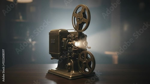 Vintage film projector illuminating the dark room with warm light  
