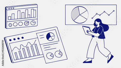 Illustration of a woman analyzing data with charts and graphs on screens and a tablet in her hands