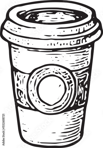 This stylish black-and-white sketch features a takeout coffee cup with a lid and logo, embodying the on-the-go café culture. The hand-drawn design highlights its textured surface, evoking a modern, 