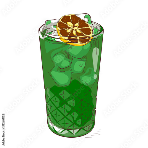 Bright green iced cocktail with orange slice. Exotic, tropical drink perfect for summer menus and mixology visuals