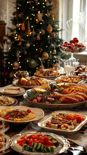 Festive Christmas buffet spread in a grand room