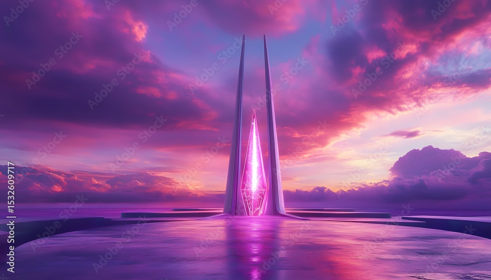 Fototapeta premium A futuristic structure stands tall against a vibrant sunset.