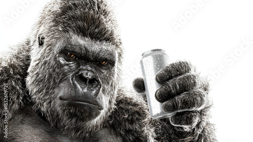 Powerful Silverback Gorilla Holding a Blank, Condensated Silver Can Against a Clean White Background, Ready for Product Placement or Advertising