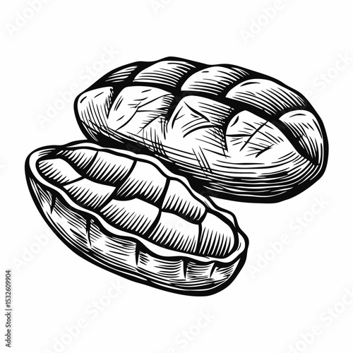 Baked potato halves, rustic style.  A baked potato, split open, showing fluffy interior. Delicious baked potato illustration for food blogs and menus.