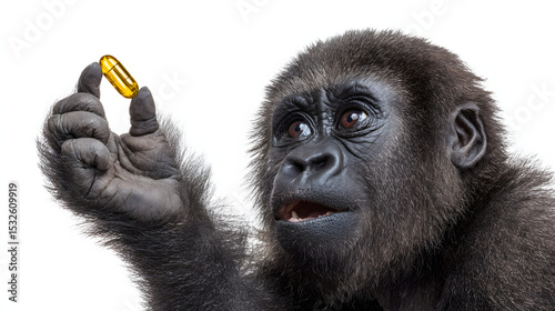 Close-Up Portrait of a Young Gorilla Intrigued by a Shimmering Yellow Pill Held Between Its Fingers, Against a Clean White Background, Highlighting Themes of Health and Discovery