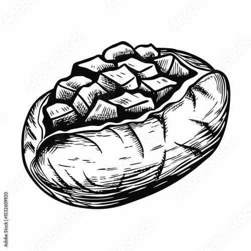Baked potato with diced filling. Delicious baked potato recipe, perfect for dinner. Simple baked potato illustration for cookbook, restaurant menu, or food blog.